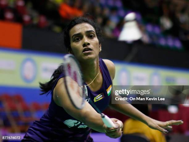 Pusarla Sindhu of India in action against Aya Ohori of Japan during Round 2 of Women's Single of Yonex-Sunrise Hong Kong Open 2017 on November 23,...