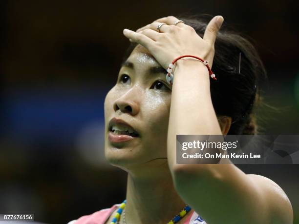 Ratchanok Intanon of Thailand reacts after defeating Yulia Yosephin Susanto of Indonesia during Round 2 of Women's Single of Yonex-Sunrise Hong Kong...