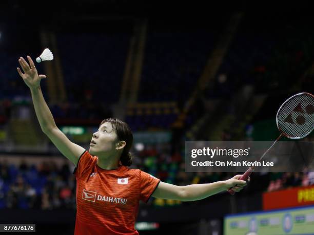 Sayaka Sato of Japan in action against Akane Yamaguchi of Japan during Round 2 of Women's Single of Yonex-Sunrise Hong Kong Open 2017 on November 23,...