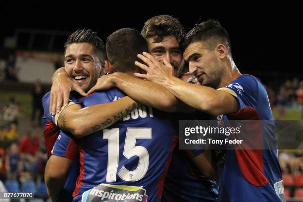 Jets players celebrate a goal during the round eight A-League match between the Newcastle Jets and the Melbourne Victory at McDonald Jones Stadium on...