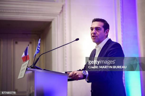 Greek Prime Minister Alexis Tsipras gives a speech after receiving a prize rewarding political courage, from International Politics magazine...