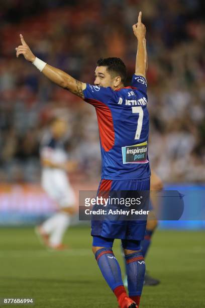 Dimitri Petratos of the Jets celebrates his goal during the round eight A-League match between the Newcastle Jets and the Melbourne Victory at...