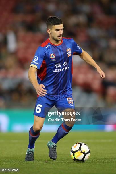Steven Ugarkovic of the Jets in action during the round eight A-League match between the Newcastle Jets and the Melbourne Victory at McDonald Jones...