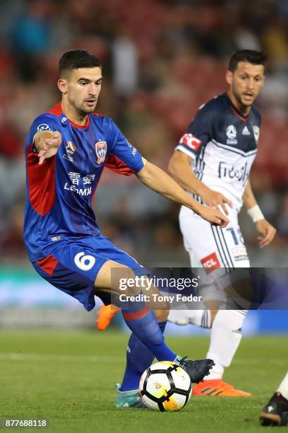 Steven Ugarkovic of the Jets in action during the round eight A-League match between the Newcastle Jets and the Melbourne Victory at McDonald Jones...