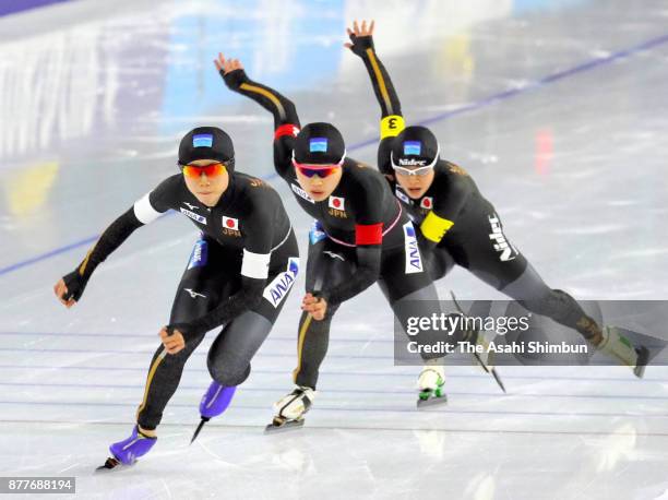 Miho Takagi, Ayano Sato and Nana Takagi of Japan compete in the Women's Team Pursuit final during day one of the ISU Speed Skating World Cup...