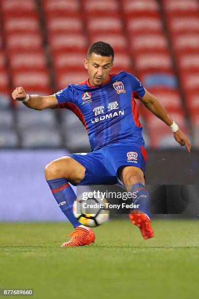 Daniel Georgievski of the jets scores a goal during the round eight A-League match between the Newcastle Jets and the Melbourne Victory at McDonald...