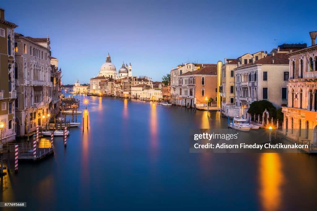 Canal Grande with Basilica di Santa Maria della Salute in the background at sunset, Venice, Italy