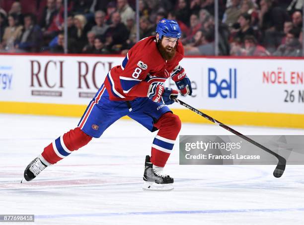 Jordie Benn of the Montreal Canadiens skates againstf the Minnesota Wild in the NHL game at the Bell Centre on November 9, 2017 in Montreal, Quebec,...