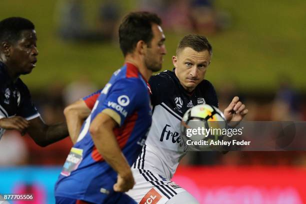 Besart Berisha of the Victory runs after the ball during the round eight A-League match between the Newcastle Jets and the Melbourne Victory at...