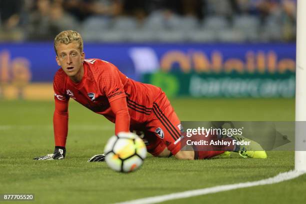 Lawrence Thomas of the Victory looks on during the round eight A-League match between the Newcastle Jets and the Melbourne Victory at McDonald Jones...