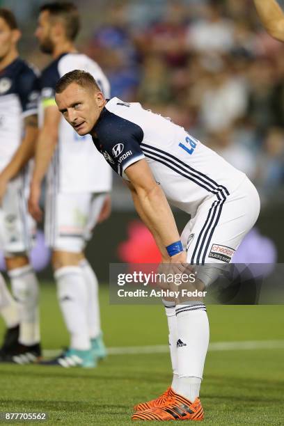 Besart Berisha of the Victory looks on during the round eight A-League match between the Newcastle Jets and the Melbourne Victory at McDonald Jones...