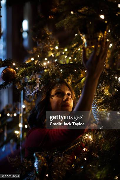 An employee poses with a 20ft Nordmann Fir tree from Windsor Great Park in St George's Hall which has been decorated for the Christmas period on...