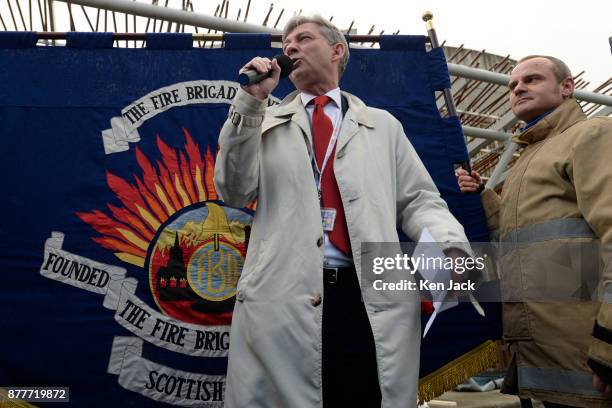 New Scottish Labour leader Richard Leonard addresses a Fire Brigades Union anti-cuts rally outside the Scottish Parliament, on November 23, 2017 in...