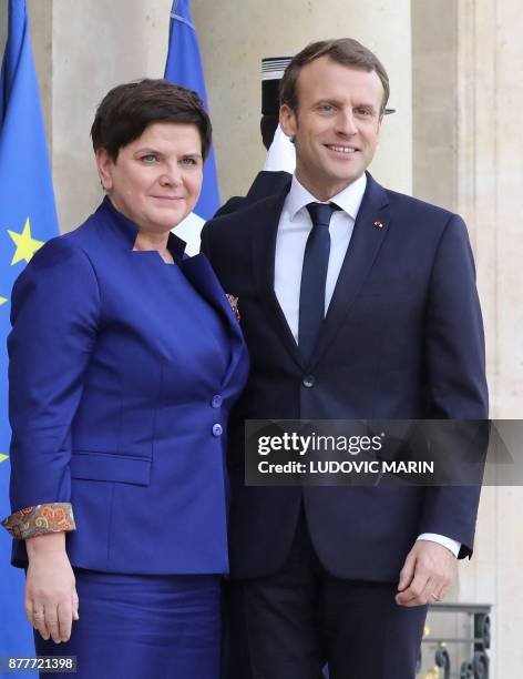 HeadshotFrench President Emmanuel Macron welcomes Polish Prime Minister Beata Szydlo before a meeting at the Elysee Palace in Paris on November 23,...