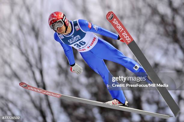 Descombes Sevoie Vincent of France competes in the individual competition during the FIS Ski Jumping World Cup on November 19, 2017 in Wisla, Poland....