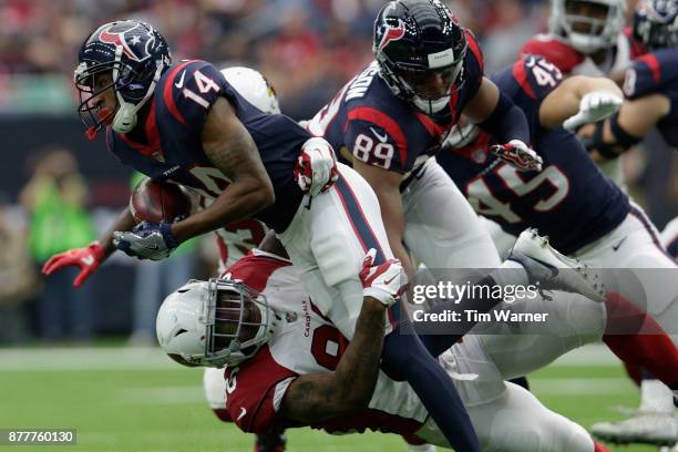 Ricky Seals-Jones of the Arizona Cardinals tackles Chris Thompson of the Houston Texans on a kickoff return in the first half at NRG Stadium on...