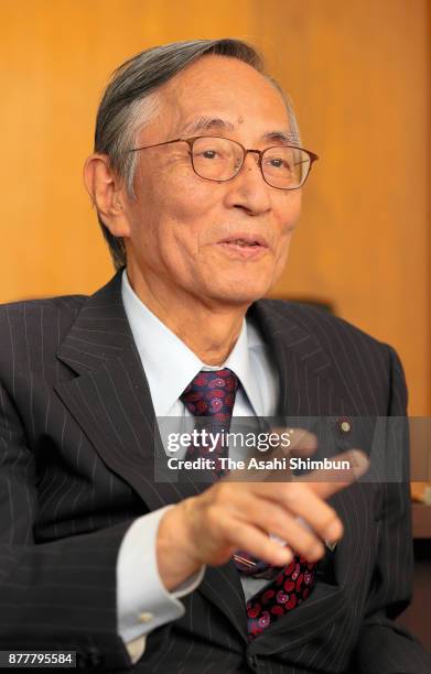 Liberal Democratic Party veteran lawmaker Hiroyuki Hosoda speaks during the Asahi Shimbun interview at the LDP headquarters on November 10, 2017 in...