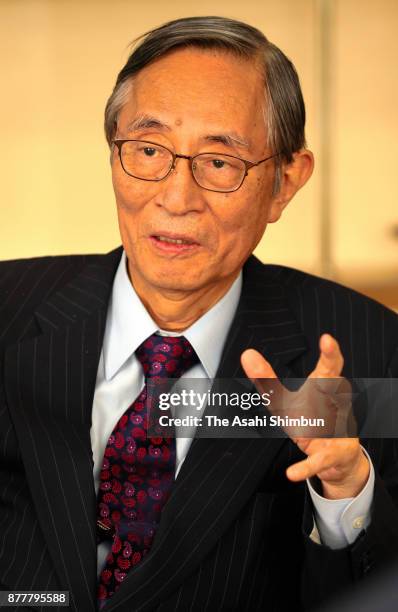 Liberal Democratic Party veteran lawmaker Hiroyuki Hosoda speaks during the Asahi Shimbun interview at the LDP headquarters on November 10, 2017 in...