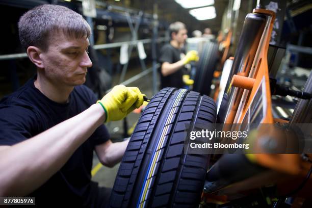 Worker inspects automobile tires at the Continental AG tire plant in Kaluga, Russia, on Wednesday, Nov. 22, 2017. The strong outlook for automated...