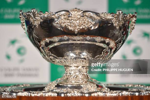 The Davis Cup trophy is displayed during the team presentation in Villeneuve-d'Ascq on November 23 ahead of the Davis Cup World Group final between...
