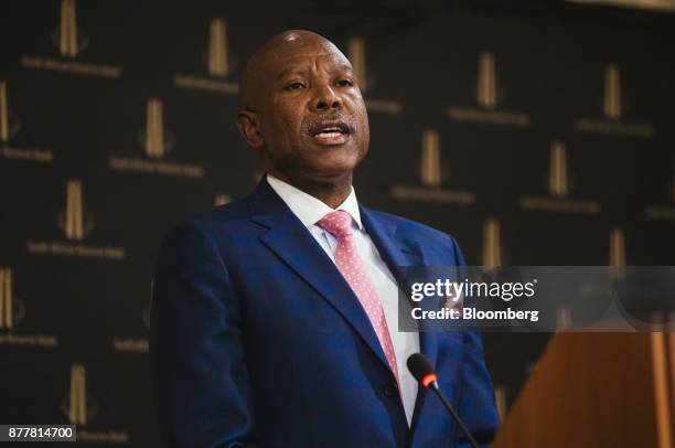 Lesetja Kganyago, governor of South Africa's central bank, speaks during a news conference following a Monetary Policy Committee meeting in Pretoria,...