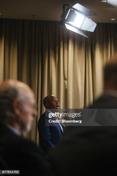 Lesetja Kganyago, governor of South Africa's central bank, speaks during a news conference following a Monetary Policy Committee meeting in Pretoria,...