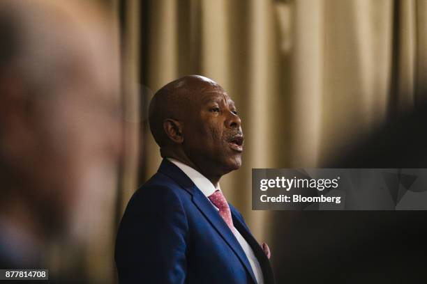 Lesetja Kganyago, governor of South Africa's central bank, speaks during a news conference following a Monetary Policy Committee meeting in Pretoria,...