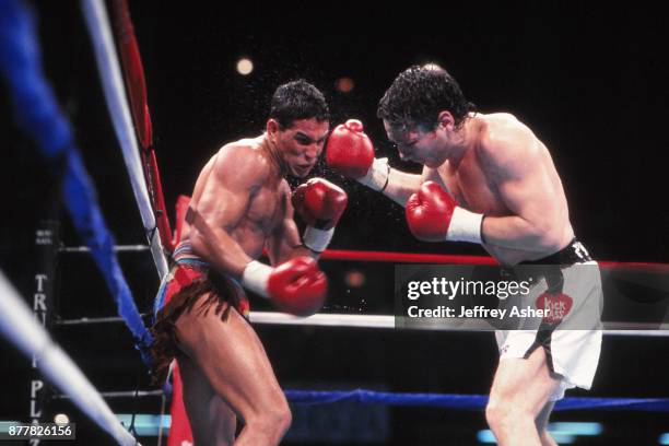 Boxer Hector Macho Camacho takes it on the chin from Boxer Vinny Pazienza at Camacho vs Pazienza Convention Hall in Atlantic City, New Jersey...