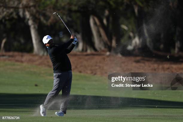 Spaun of the United States plays a shot on the 15th hole during the final round of The RSM Classic at Sea Island Golf Club Seaside Course on November...