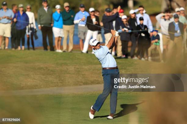 Michael Thompson of the United States plays his second shot on the 18th hole during the final round of The RSM Classic at Sea Island Golf Club...