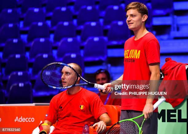 Belgium Davis Cup team players David Goffin and Steve Darcis attends a training session on November 23, 2017 at the Pierre-Mauroy stadium in...