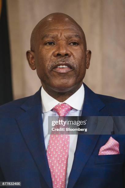 Lesetja Kganyago, governor of South Africa's central bank, speaks during a news conference following a Monetary Policy Committee meeting in Pretoria,...