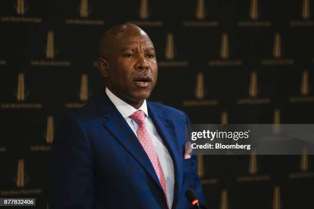 Lesetja Kganyago, governor of South Africa's central bank, speaks during a news conference following a Monetary Policy Committee meeting in Pretoria,...