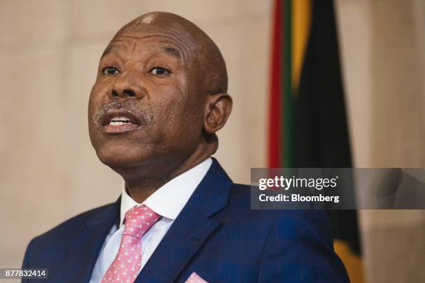 Lesetja Kganyago, governor of South Africa's central bank, speaks during a news conference following a Monetary Policy Committee meeting in Pretoria,...