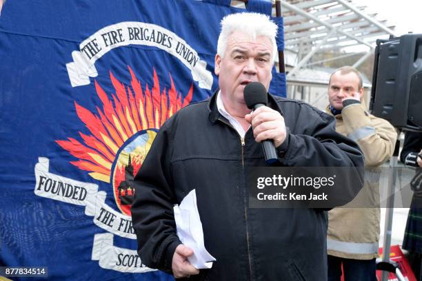 Alan McLean, National President of the Fire Brigades Union, speaking at an anti-cuts rally outside the Scottish Parliament, on November 23, 2017 in...