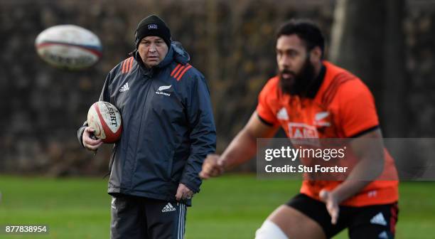 New Zealand All Blacks coach Steve Hansen overlooks training prior to Saturday's International against Wales at Sophia Gardens on November 23, 2017...