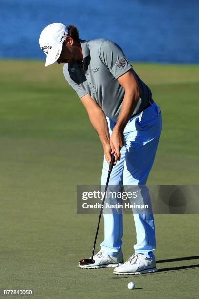 Kelly Kraft of the United States putts on the 18th green during the final round of The RSM Classic at Sea Island Golf Club Seaside Course on November...