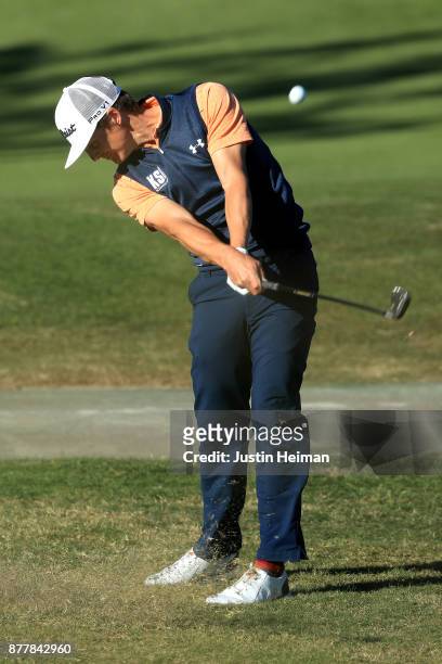 Blayne Barber of the United States plays his second shot on the 18th hole during the final round of The RSM Classic at Sea Island Golf Club Seaside...