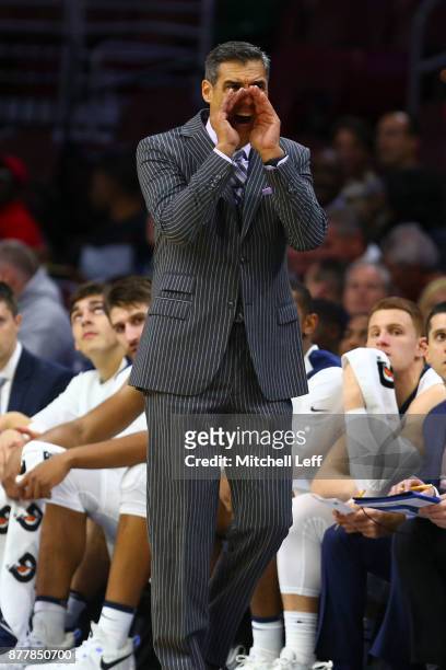 Head coach Jay Wright of the Villanova Wildcats yells to his team against the Columbia Lions at the Wells Fargo Center on November 10, 2017 in...