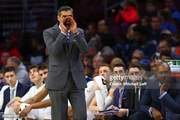 Head coach Jay Wright of the Villanova Wildcats yells to his team against the Columbia Lions at the Wells Fargo Center on November 10, 2017 in...