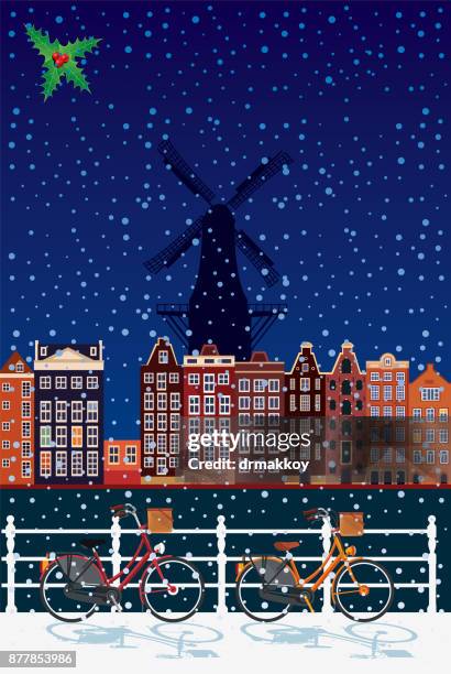 amsterdam winter - amsterdam windmill stock illustrations