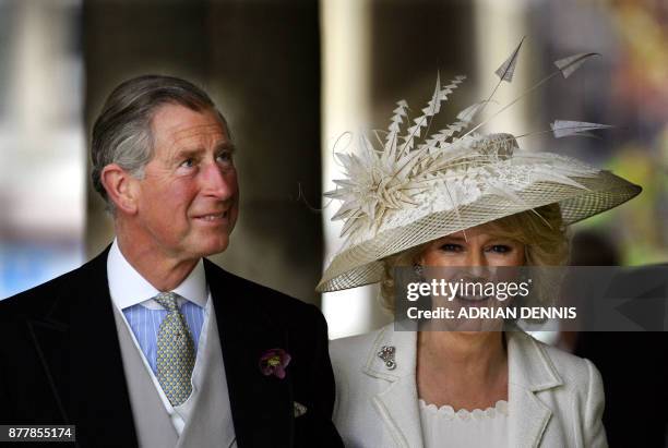 Prince Charles and the Duchess of Cornwall, formerly Camilla Parker Bowles, leave the Guildhall where they were married in a private ceremony 09...