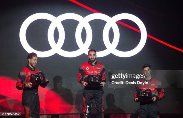 Dani Carvajal Sergio Ramos and Marco Asensio of Real Madrid pose on the podium after coming 1st, 2nd and 3rd respectively during the simulated...