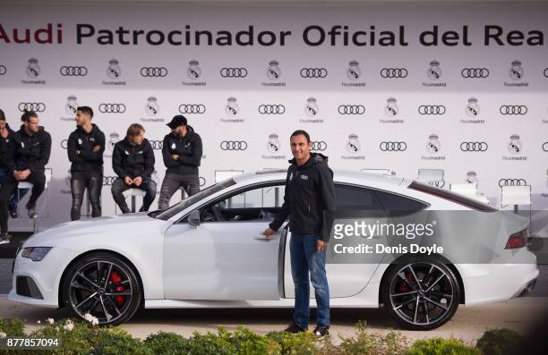 Keylor Navas of Real Madrid CF poses for a photograph after being presented with a new Audi car as part of an ongoing sponsorship deal with Real...