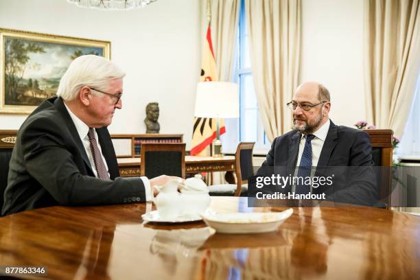In this handout photo provided by the German Government Press Office , German President Frank-Walter Steinmeier meets Martin Schulz, Chairman of the...