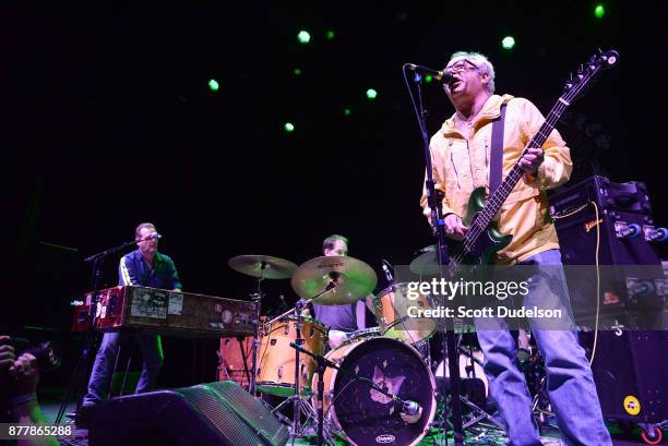 Musicians Pete Mazich, Jerry Trebotic and Mike Watt of The Secondmen perform an opening set during X 40th anniversary tour at The Novo by Microsoft...