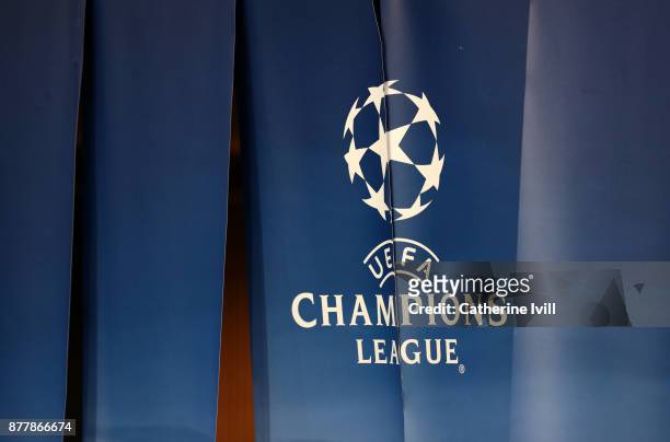 General view of the UEFA Champions league logo during the UEFA Champions League group B match between Paris Saint-Germain and Celtic FC at Parc des...
