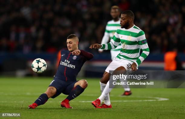 Marco Verratti of PSG and Olivier Ntcham of Celtic during the UEFA Champions League group B match between Paris Saint-Germain and Celtic FC at Parc...