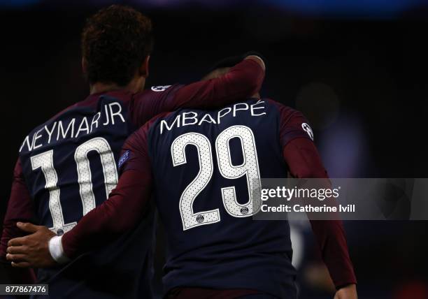 Neymar and Kylian Mbappe of PSG during the UEFA Champions League group B match between Paris Saint-Germain and Celtic FC at Parc des Princes on...