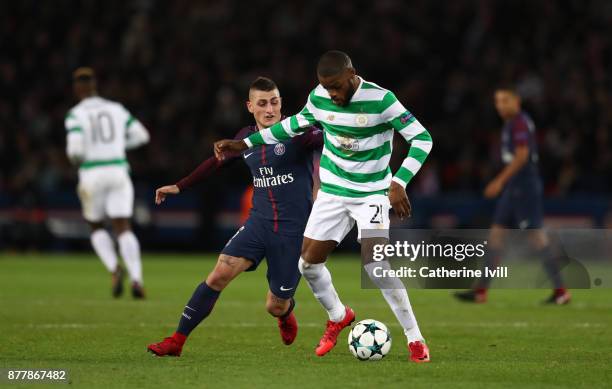 Marco Verratti of PSG and Olivier Ntcham of Celtic during the UEFA Champions League group B match between Paris Saint-Germain and Celtic FC at Parc...